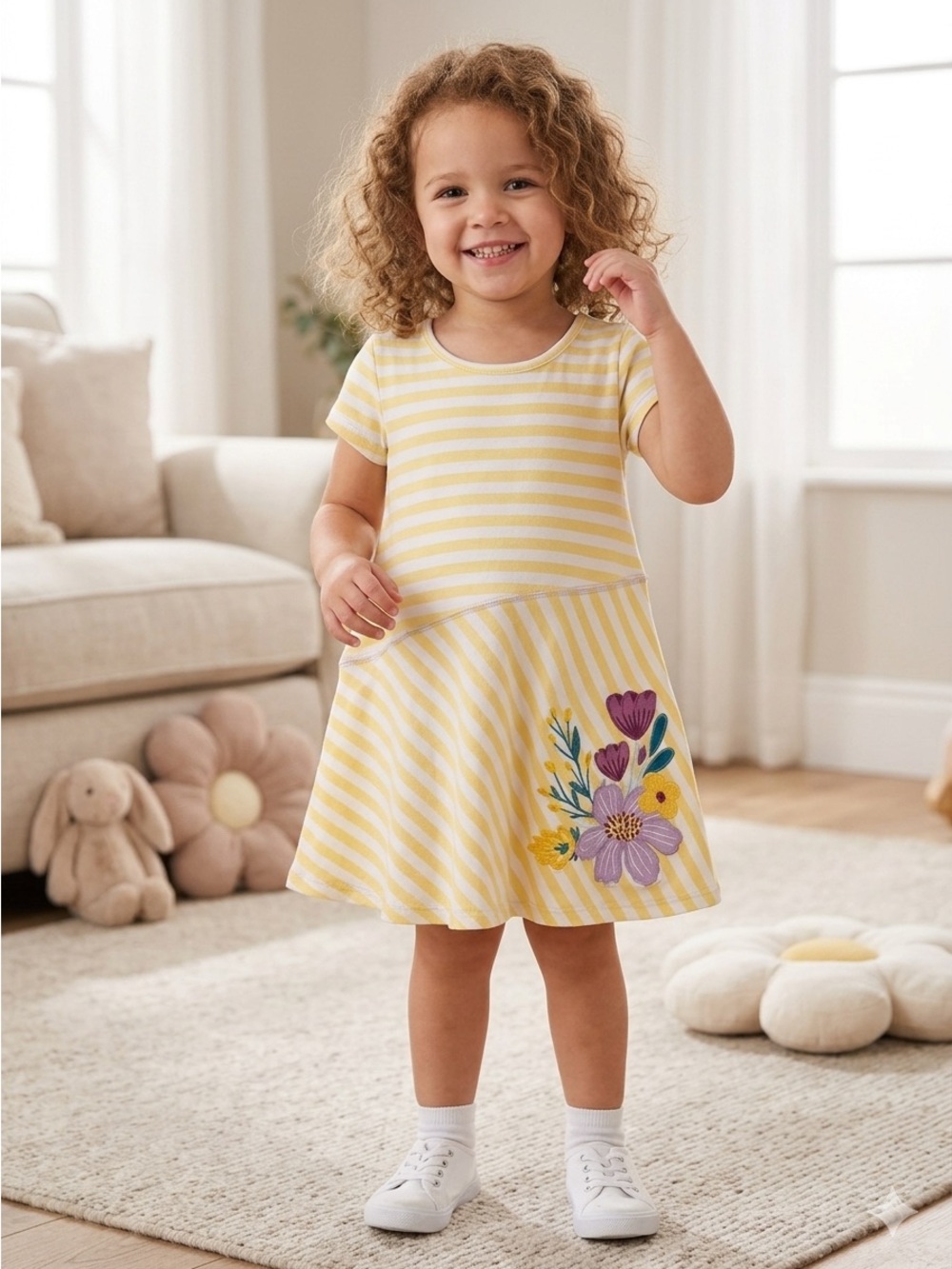 Ricrac & Ruffles Yellow Stripe Floral Girls Dress 4T - Cute Boutique Style!